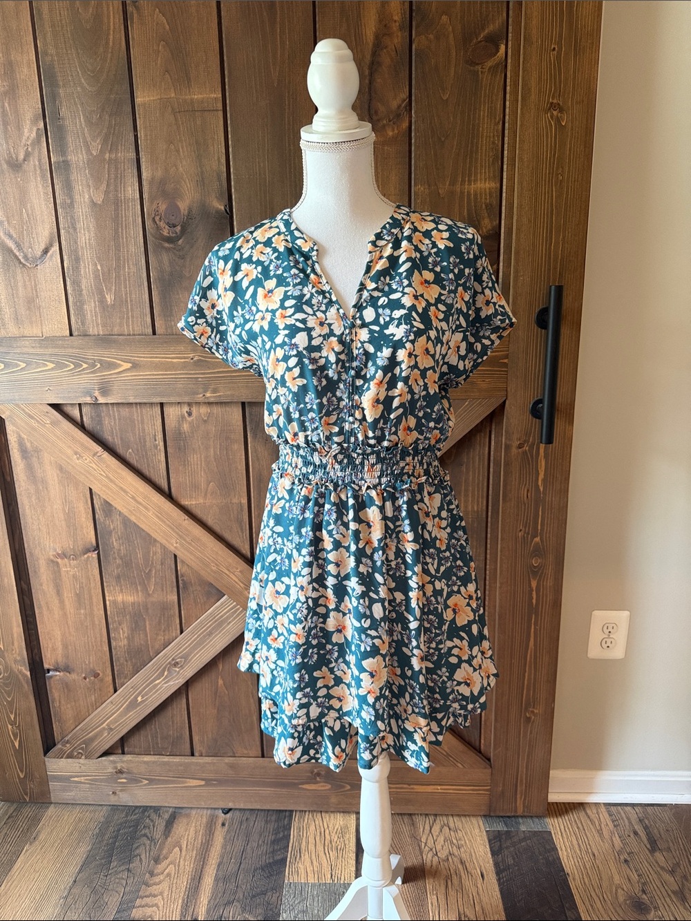 Sienna Sky Teal Floral Short-Sleeve Smocked Mini Dress
